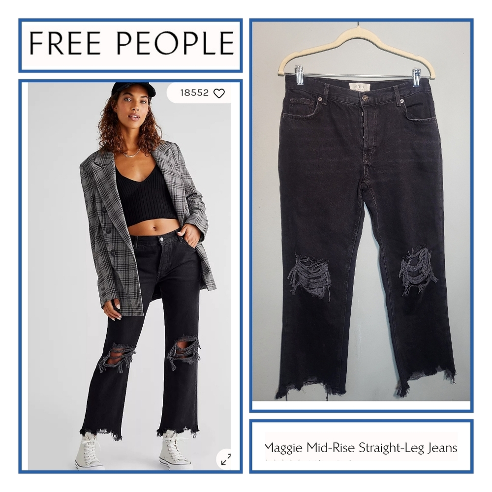 FREE PEOPLE Maggie Mid-Rise Straight Leg Jean Size 27 Destroyed Hem Black Denim